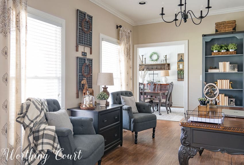 A dated suburban home living room turned into an inviting and functional farmhouse style home office || Worthing Court