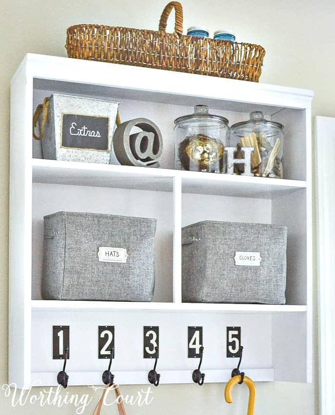 The top half of an old hutch makes a great piece for turning into a dropzone when you don't have any place available for a mudroom || Worthing Court