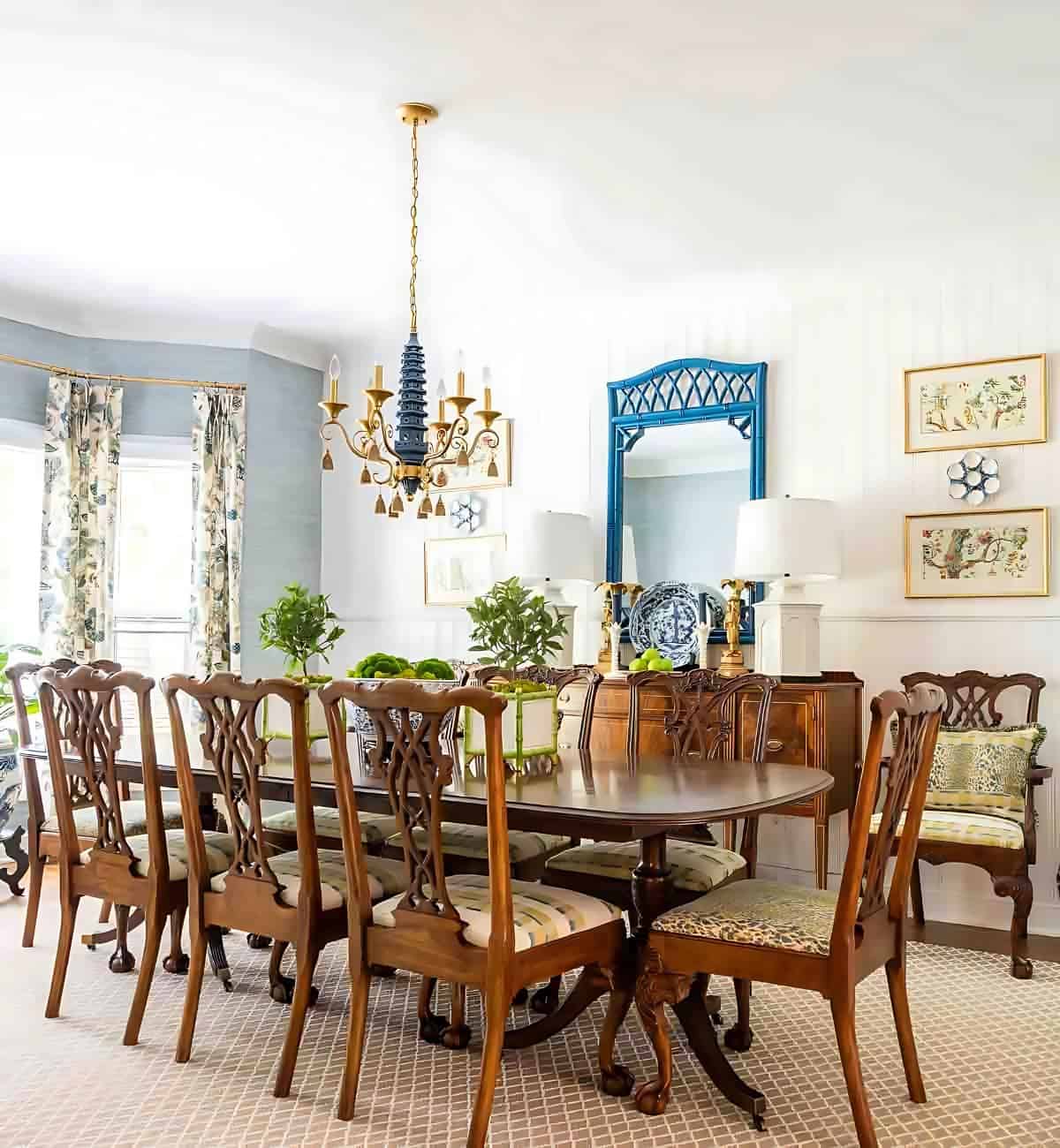 Dining room with traditional chippendale style furniture and accessories