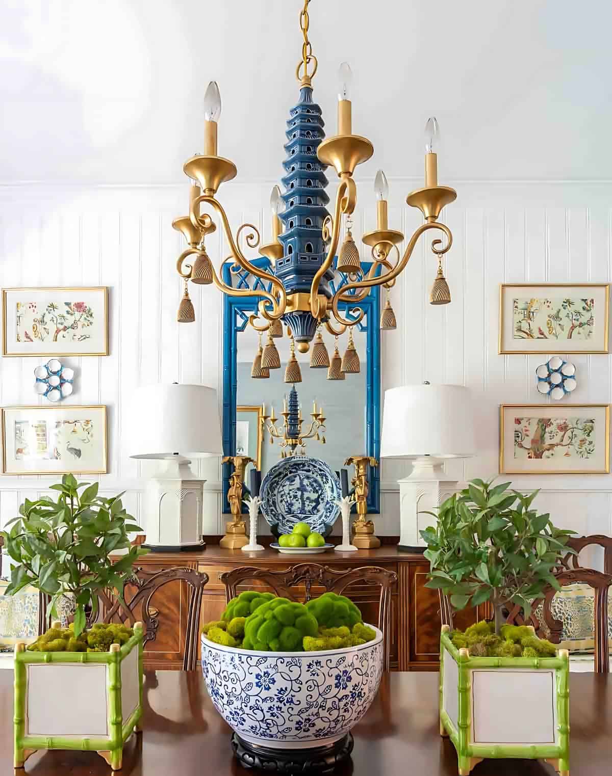 dining room decorated with chinoiserie accents and traditional style furniture