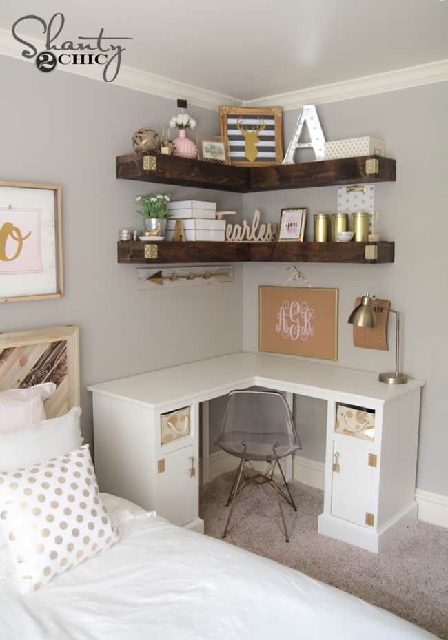 Tips for how to add style to a small bedroom. Need office space, but don't have a dedicated room for it? A desk can double as a nightstand. The chair will provide a spot to sit when working or when putting on your shoes. Even better if you can wrap it around a corner and add shelves above.