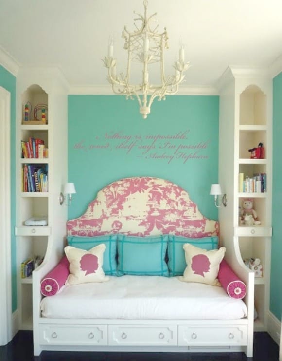 Loads of tips for how to add style to a small bedroom. In a child's room or guest room, a daybed saves valuable floor space. Built in bookshelves allow for storage and act as a place to hold bedside lighting.