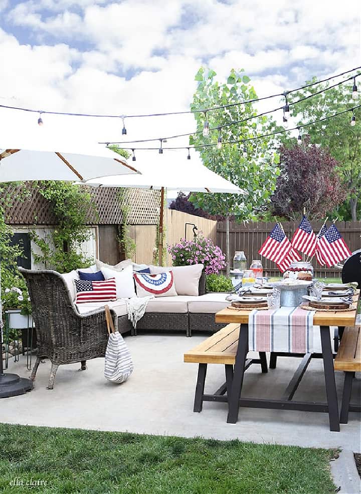 outdoor entertaining space with patriotic decor