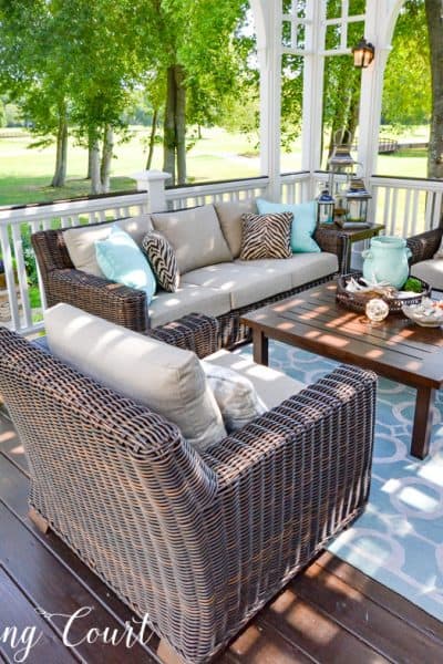 beige and aqua deck furniture and decor