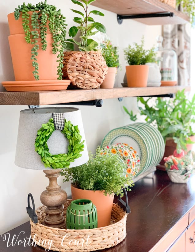 spring decor using a variety of terra cotta pots