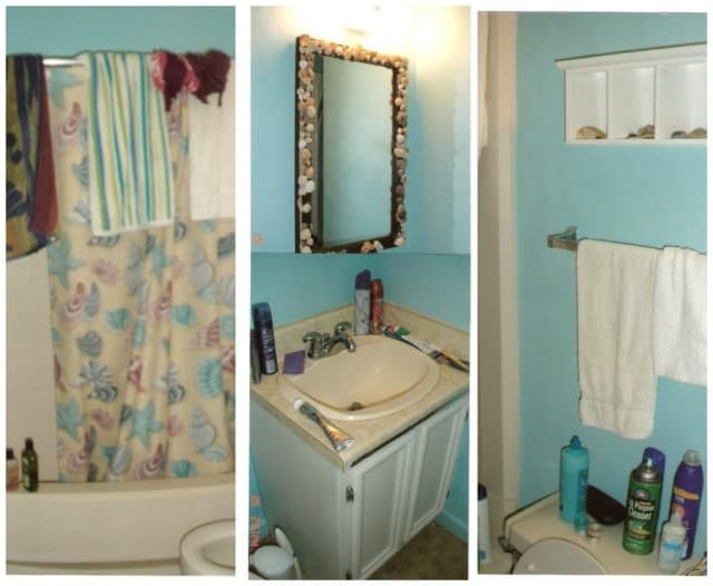 Three pictures side by side of the bathroom before the update.