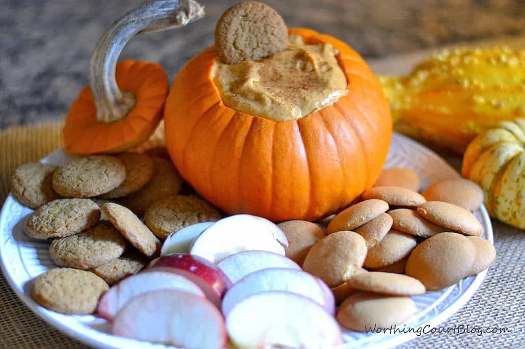 Pumpkin Pie Dip Recipe with the dip served in a mini pumpkin.