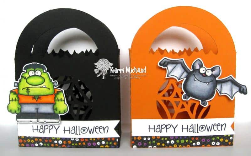 Adorable Halloween Treat Bags with a bat and a monster in black and orange.