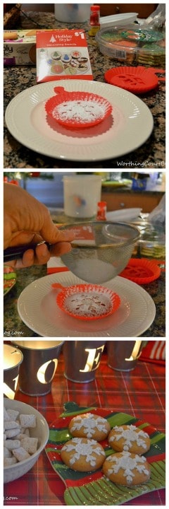 Add powdered sugar to cookies using a stencil. 