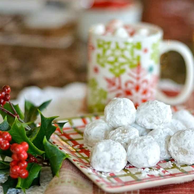 Pecan meltaways on a Christmas plate with holly beside it.