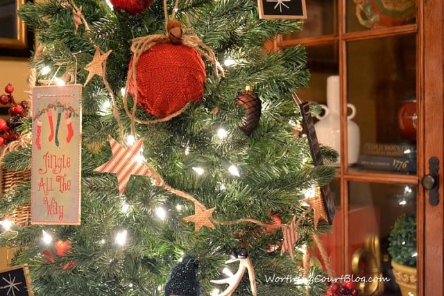 Ornaments on the Christmas tree that are homemade.