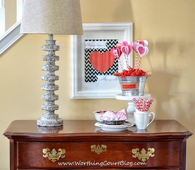 Foyer Valentine's vignette with pops of pink and red.