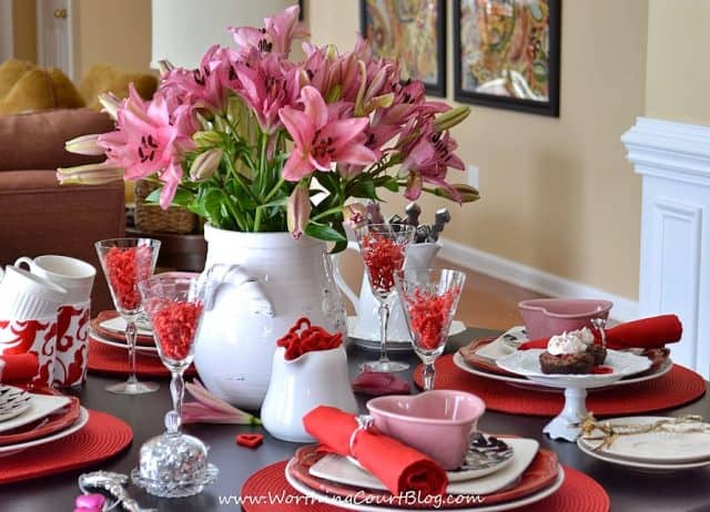 Valentine's Day tablescape with red and pink colours.