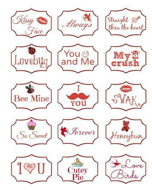 Free printout of mini Valentine messages.