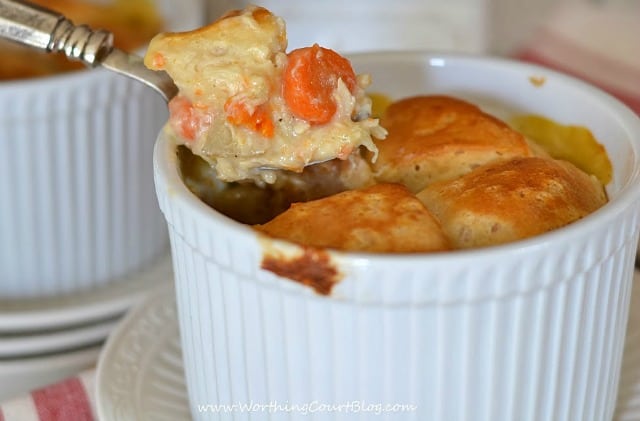 Easy weeknight chicken pot pie recipe with a fork scooping out a bite.