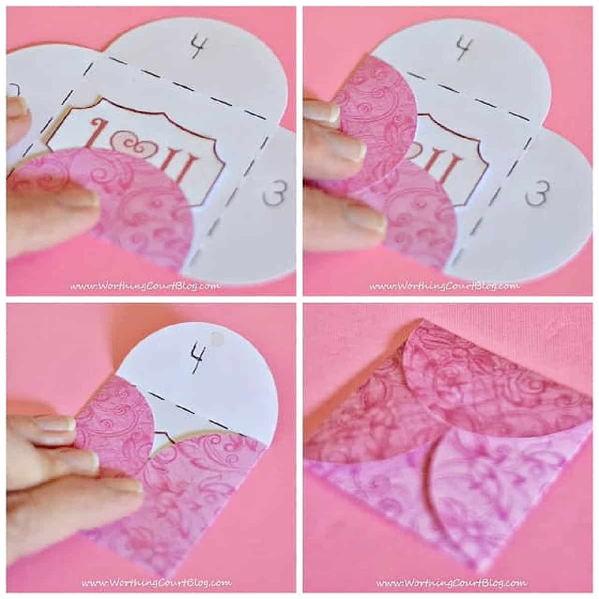 Picture of one of the steps for diy mini Valentine's Day cards made with scrapbook paper.