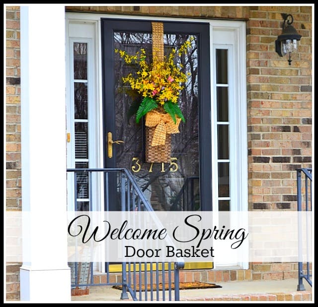 Spring Door Basket with forsythia, silk butterflies and raffia ribbon - WorthingCourtBlog.com 