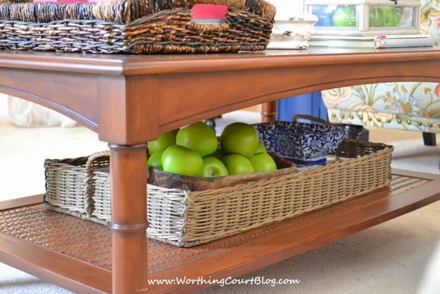 There are green apples in the tray under the coffee table.