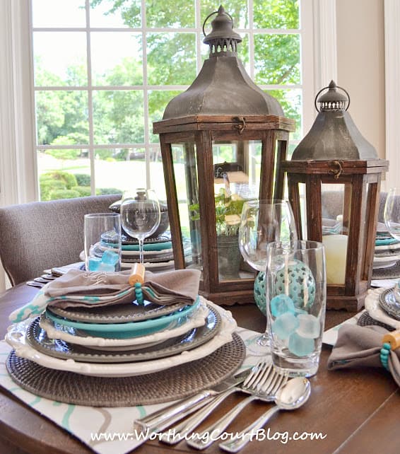 Beautiful and casual turquoise and gray table setting.