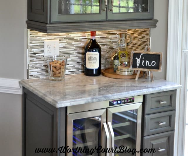 Glass tile with a little bit of bling brings a wine bar area to life