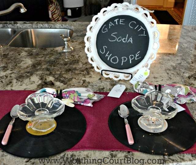 For a fun place setting, used old vinyl records as plate chargers.