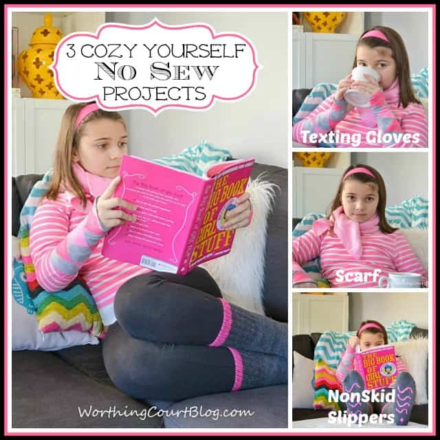 How to make super easy and inexpensive no-sew texting gloves, non-skid socks and a cozy scarf. Great gift idea!