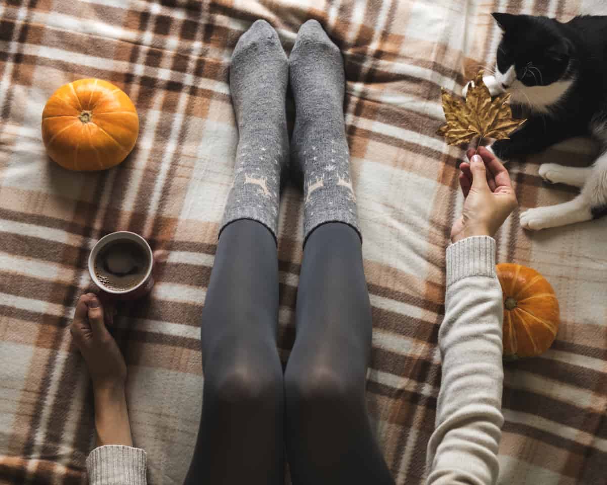 fall plaid throw blanket showing the legs of a person sitting on it
