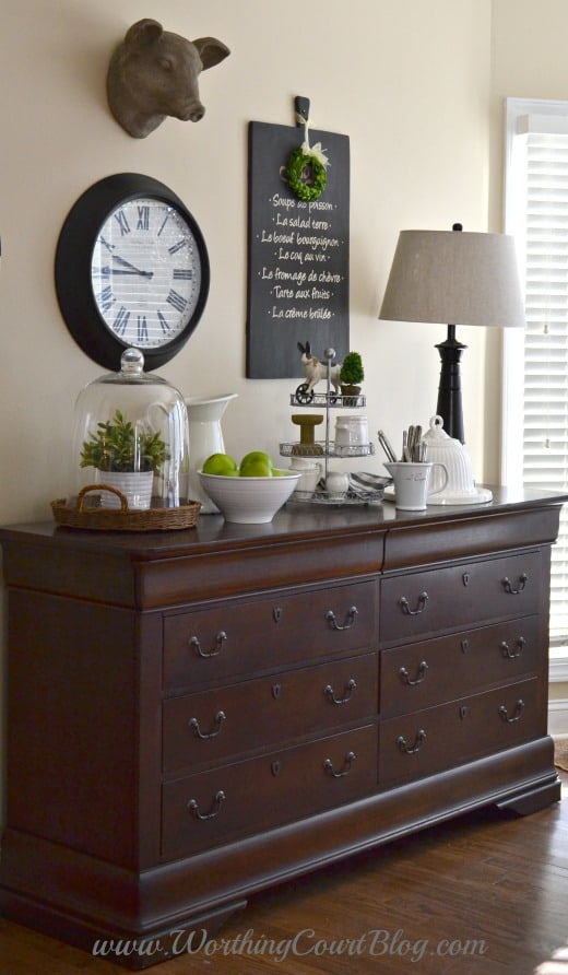 Use a dresser in the kitchen or dining room to store kitchen and table linens. Make a great space to display favorite pretties too.