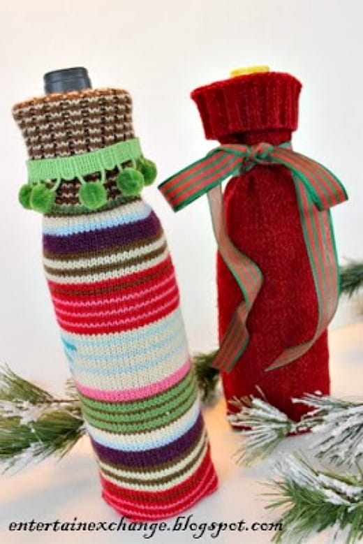  Use the sleeves from a colorful sweater to create wine bottle cozies.