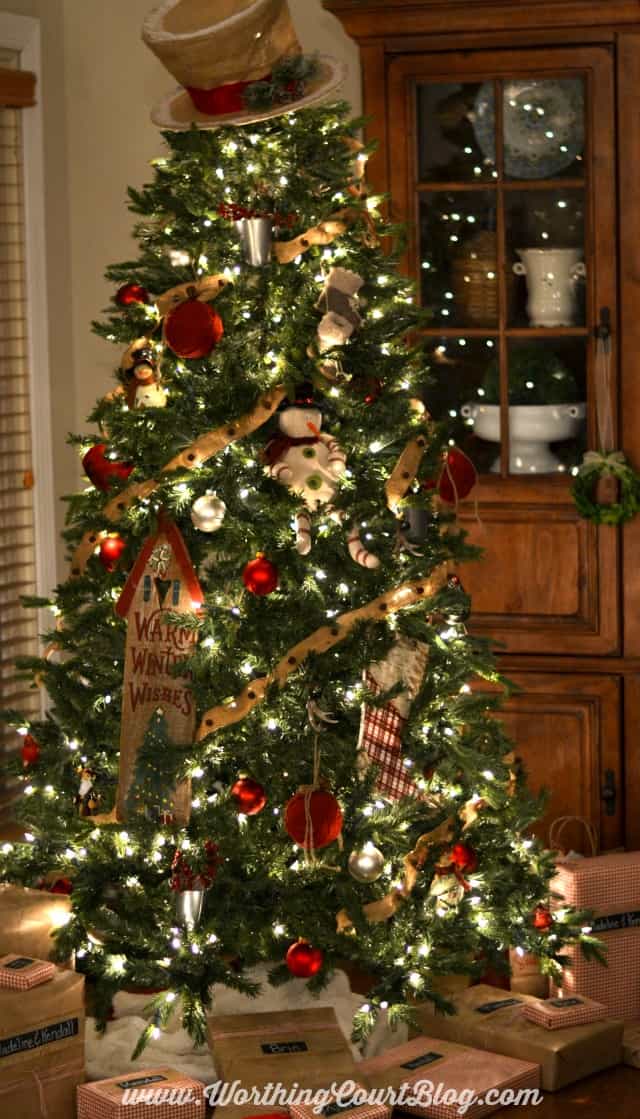 Rustic Christmas tree at night.