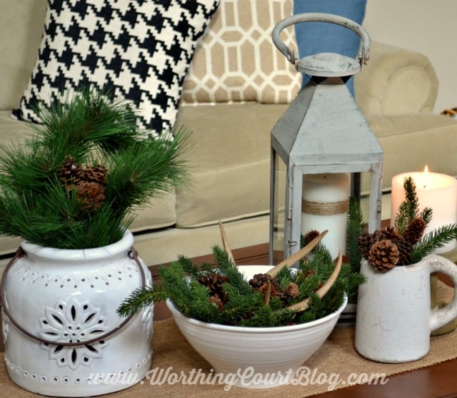 A winter coffee table vignette using evergreens and white.