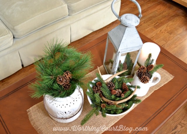 Winter coffee table vignette using faux greenery, pine cones and white items for the display.