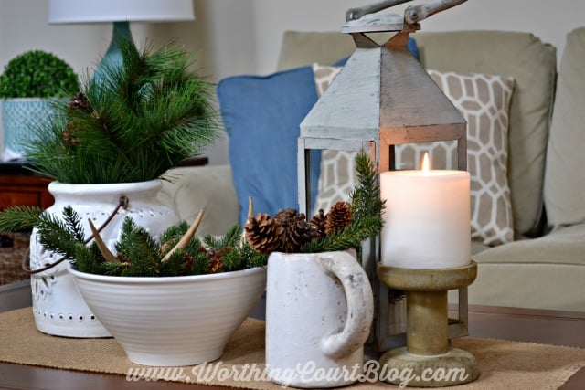 A winter coffee table vignette.