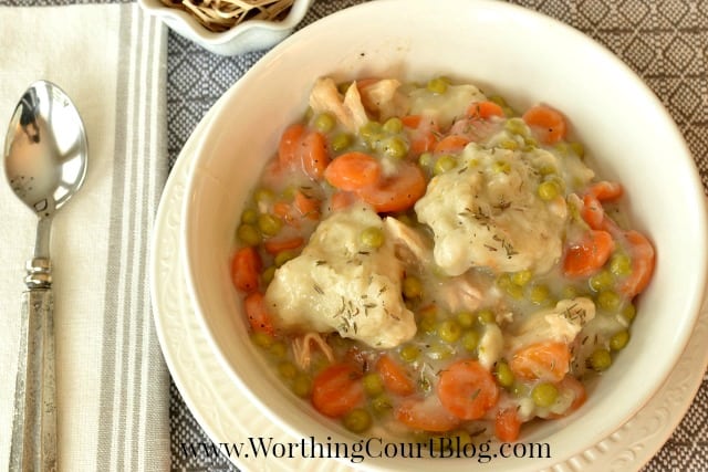 Recipe for Easy Chicken and Dumplings Stew which is in a bowl on the table.