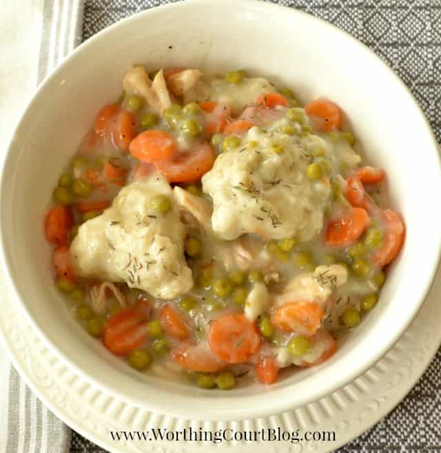 Up close picture of the stew in a bowl with lots of chicken and vegetables.