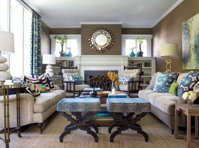 Neutral room decor with green and blue accents.