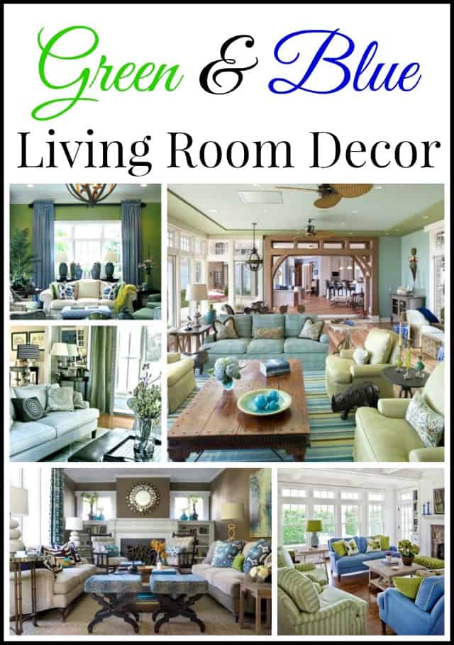 Inspiring Ideas for Green and Blue Living Room decor graphic.