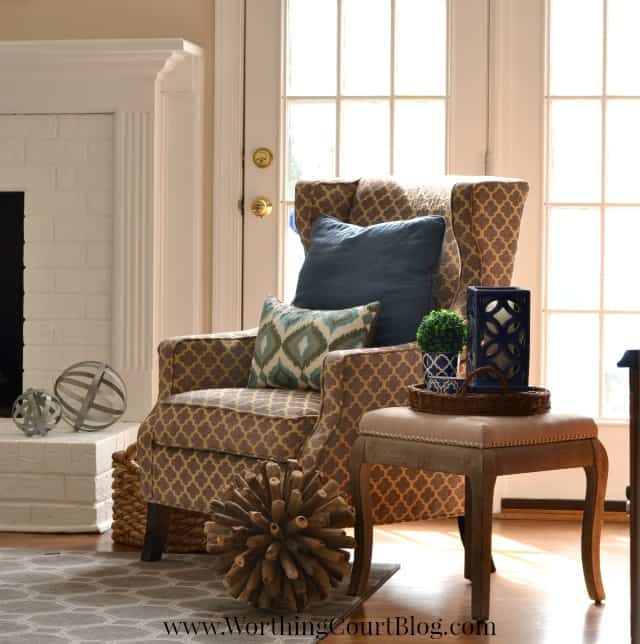 Wing chair and side table vignette.