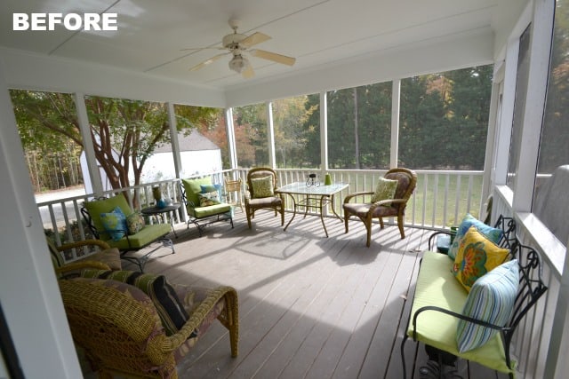 The porch before with chairs and a fan on the ceiling.