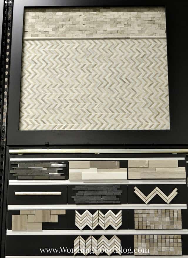 Gray and white chevron mix marble mosaic backsplash ideas.