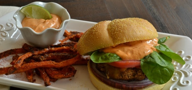 Recipe for veggie cheeseburgers with spicy chipotle mayo sauce