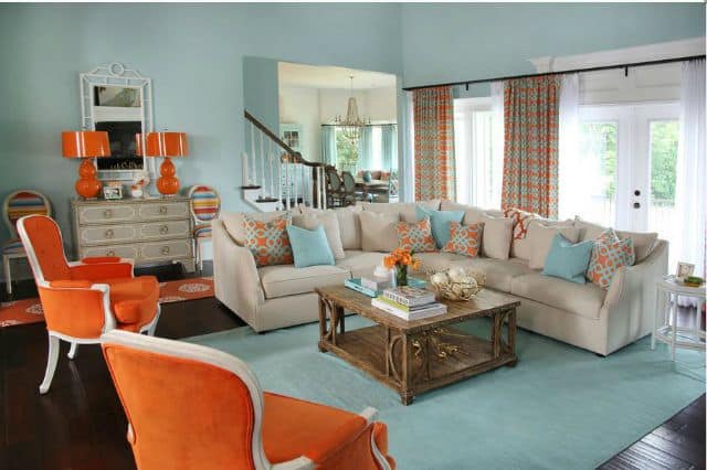 Turquoise and orange living space by Colordrunk Designs