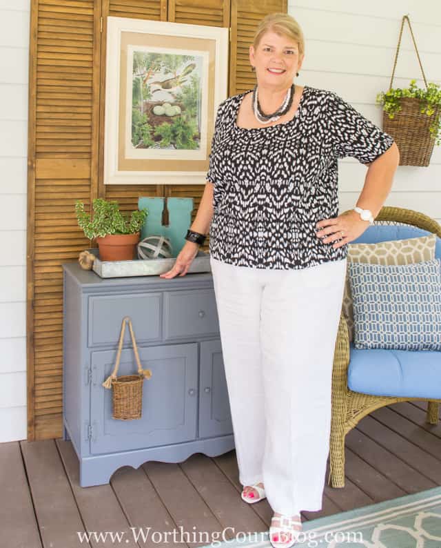 Classic white linen pants and a short sleeved black and white knit top. make a great summer outfit that's dressy enough for church, work or a special outing.