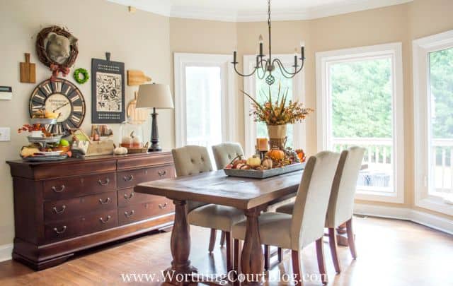 The dining room decorated for fall.