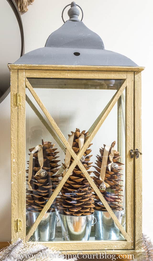 A lantern with pine cones inside.