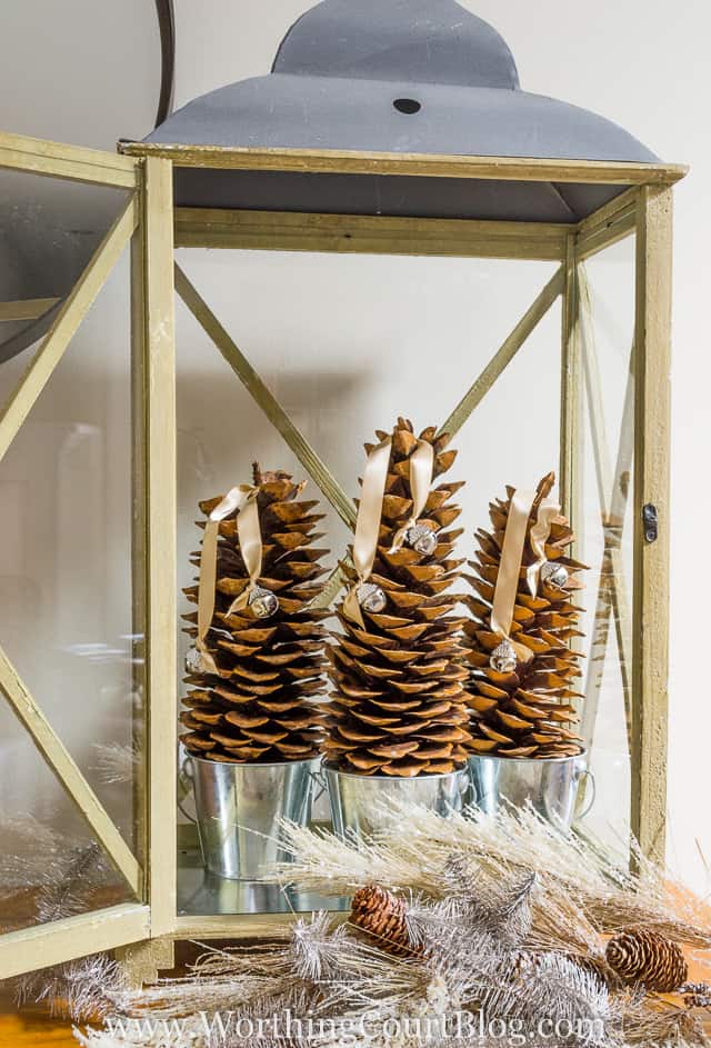 The door is open to the lantern with the pine cones inside.