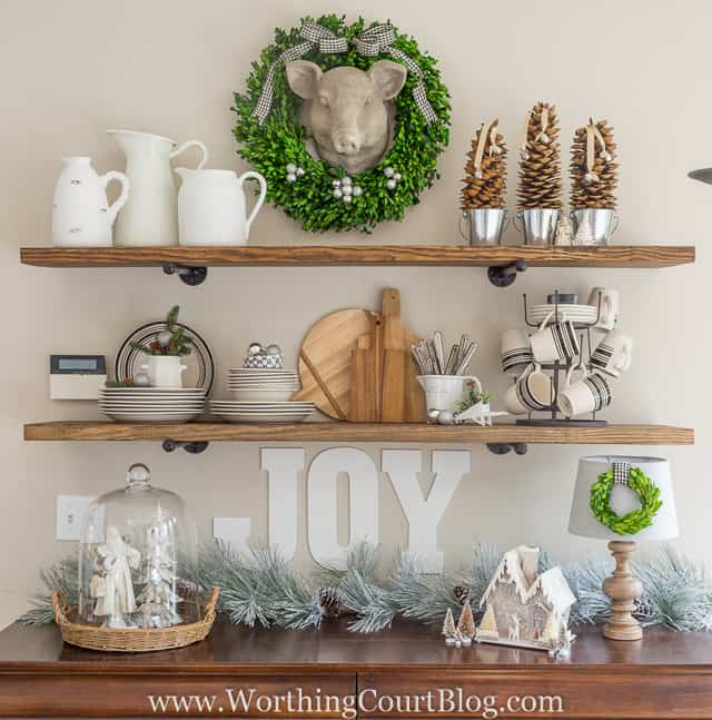 Open rustic farmhouse shelves decorated for Christmas || Worthing Court