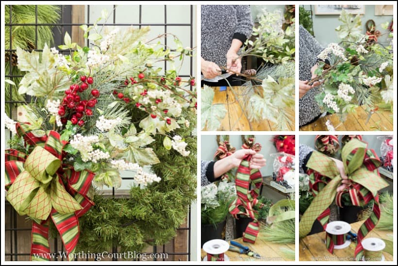 Step-by-step directions for how to decorate a Christmas wreath.