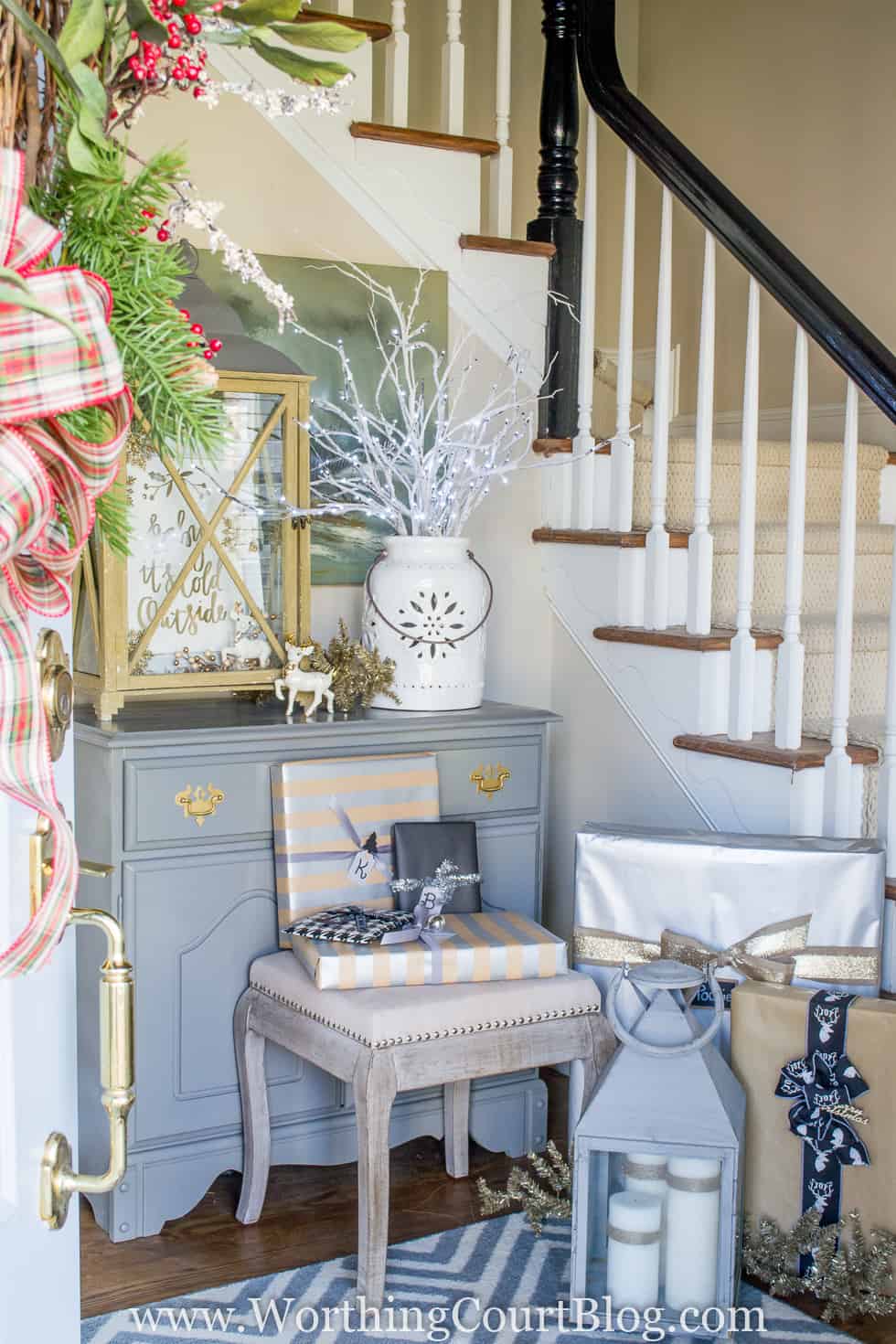 Rustic And Elegant Christmas Foyer decorated.