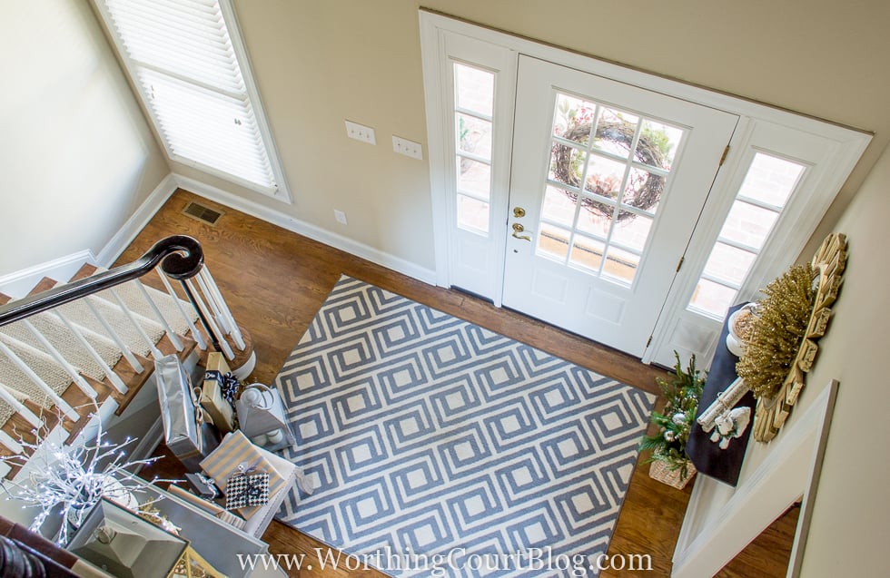 An aerial photo of the foyer that is decorated.